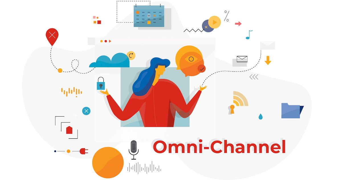 An illustration of a woman surrounded by icons with the title Omni-Channel