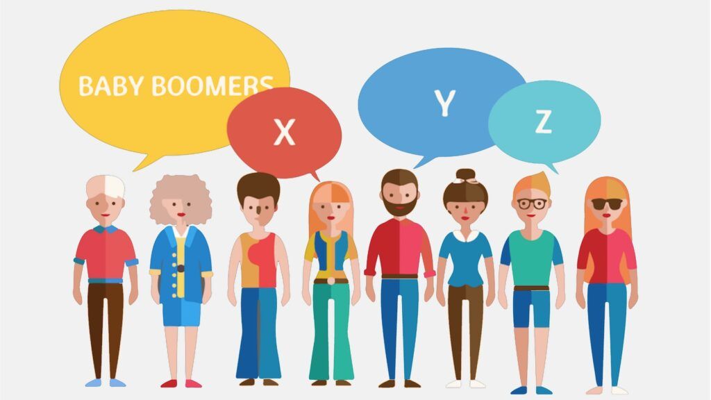 Illustrated characters of Baby Boomers and Generations X, Y, and Z