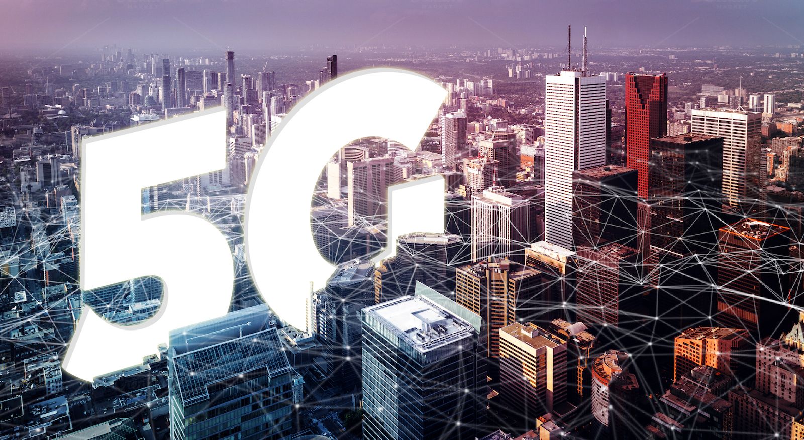 A downtown city landscape overlaid with network connections and a large white letters spelling 5G