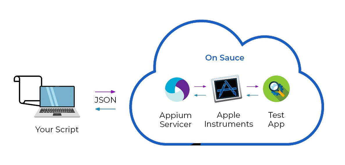 your script runs on machine connected by JSON on sauce with appium servicer, apple instruments and test app